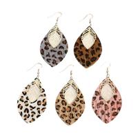 PU Leather Drop Earring, with Brass, Leaf, printing, for woman & leopard pattern & hollow, more colors for choice, 40x88mm, Sold By Pair