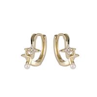 Messing Spring hoop oorbellen, met Plastic Pearl, gold plated, voor vrouw & met strass, 7x12.50mm, Verkocht door pair