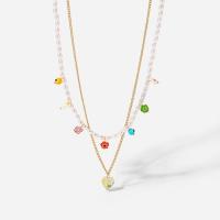 Stainless Steel Jewelry Necklace, 304 Stainless Steel, with Lampwork & Plastic Pearl, Vacuum Ion Plating, Double Layer & fashion jewelry & for woman, gold, 1.2cm,1.2x13.3cm, Length:Approx 39.8 cm, Sold By Pair