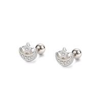 925 Sterling Silver Stud Earring, Moon and Star, silver color plated, micro pave cubic zirconia & for woman, 5.90x5.80mm, Sold By Pair