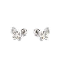 925 Sterling Silver Stud Earring, Butterfly, silver color plated, micro pave cubic zirconia & for woman, 5.30x5.70mm, Sold By Pair