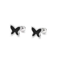 925 Sterling Silver Stud Earrings, Butterfly, silver color plated, for woman & epoxy gel, 5.80x5.10mm, Sold By Pair