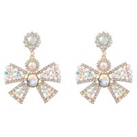 Zinc Alloy Drop Earrings with Plastic Pearl Bowknot gold color plated for woman & with rhinestone & hollow nickel lead & cadmium free Sold By Pair