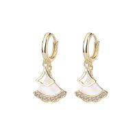 Brass Huggie Hoop Drop Earring, with White Shell, gold color plated, micro pave cubic zirconia & for woman, 14x27mm, Sold By Pair