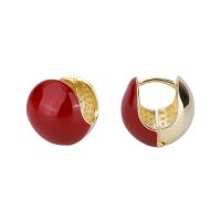Messing Huggie Hoop Ohrringe, rund, goldfarben plattiert, für Frau & Emaille, rot, 13.50x14mm, verkauft von Paar