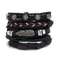 PU Leather Bracelet Set, with Linen & Cowhide & Wax Cord & Copper Coated Plastic & Tibetan Style, handmade, 5 pieces & fashion jewelry & Unisex, Length:Approx 17-18 cm, Sold By Set
