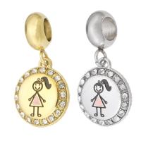 Stainless Steel European Pendants, 316 Stainless Steel, Flat Round, Vacuum Ion Plating, Unisex & enamel & with rhinestone, more colors for choice, 12x24x2.50mm, Hole:Approx 4mm, Sold By PC