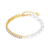 Freshwater Cultured Pearl Bracelet 304 Stainless Steel with Freshwater Pearl with 1.77inch extender chain fashion jewelry & micro pave cubic zirconia & for woman Length Approx 6.5 Inch Sold By PC
