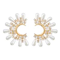 Tibetan Style Stud Earring, with ABS Plastic Pearl, high quality gold color plated, fashion jewelry & for woman & with rhinestone, white, 59x44mm, Sold By Pair