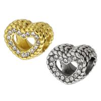 Acero inoxidable Beads gran agujero, acero inoxidable 316, Corazón, Bricolaje & con diamantes de imitación & hueco, más colores para la opción, 13x10x8mm, agujero:aproximado 5mm, Vendido por UD