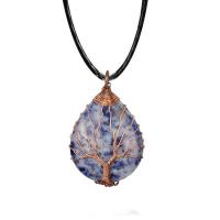 Natural Gemstone Necklace, with leather cord & Brass, Teardrop, polished, different materials for choice & Unisex & different styles for choice, 26*45.5mm,30*50mm, Length:Approx 15.75 Inch, Sold By PC