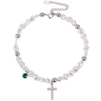 Plastik perle halskæde, Plastic Pearl, med 3.94inch extender kæde, Kryds, mode smykker & for kvinde & med rhinestone, Længde Ca. 14.17 inch, Solgt af PC