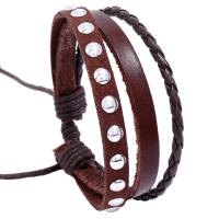 Bracelet de cuir de vachette, cuir de peau de vache, avec cuir PU & corde de cire, avec 8-9cmX2 chaînes de rallonge, Réglable & bijoux de mode, brun, Longueur:17-18 cm, Vendu par PC