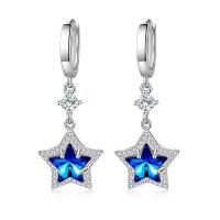 Boucles d'oreilles en laiton zircon cubique pavent, avec cristal, étoile, Plaqué de platine, pavé de micro zircon & pour femme, bleu, 16x40mm, Vendu par paire