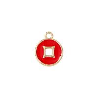 Bijoux pendentifs en laiton, Plat rond, Placage de couleur d'or, émail & creux, rouge, 9x11mm, Vendu par PC