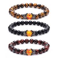 Gemstone Bracelets, Tiger Eye, with Abrazine Stone & Resin & Brass, Round, gun black plated, Unisex & with rhinestone, more colors for choice, 8mm, Length:7.09 Inch, Sold By PC