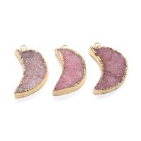 Natural Agate Druzy Pendant Ice Quartz Agate with Brass Moon gold color plated DIY pink 14x30- Sold By PC