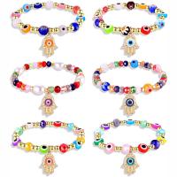 Evil Eye Jewelry Bracelet, Brass, with Millefiori Lampwork & Crystal & Plastic Pearl, gold color plated, Unisex & different styles for choice, mixed colors, nickel, lead & cadmium free, Length:7.09 Inch, Sold By PC