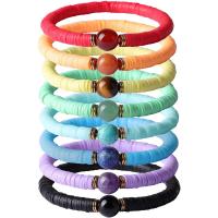 Polymer Clay Bracelet Set, with Gemstone & Brass, Round, gold color plated, 8 pieces & elastic, mixed colors, Length:7.09 Inch, 8PCs/Set, Sold By Set