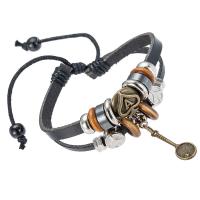 Cowhide Bracelet, with Wax Cord & Tibetan Style, with 8cmX2 extender chain, plated, fashion jewelry & Unisex, black, Inner Diameter:Approx 60mm, Sold By PC