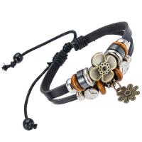 Cowhide Bracelet, with Tibetan Style, with 8cm*2 extender chain, plated, fashion jewelry & Unisex, black, Inner Diameter:Approx 60mm, Sold By PC