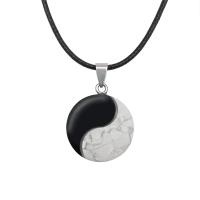 Natural Gemstone Necklace, Black Agate, with Howlite & Wax Cord, Flat Round, fashion jewelry & Unisex, white and black, 25x25x8mm, Sold Per 50 cm Strand