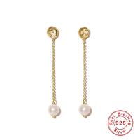 925 Sterling Silver Drop &  Dangle Earrings with Plastic Pearl gold color plated for woman 80mm Sold By Pair