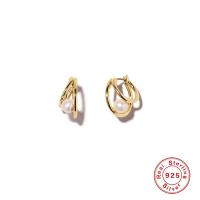 925 Sterling Silver Hoop Earrings, with Plastic Pearl, gold color plated, for woman, 12mm, Sold By Pair