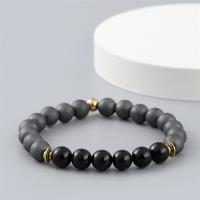 Non Magnetic Hematite Bracelet with Black Stone & Brass Round gold color plated elastic & for man mixed colors 8mm Length 18-20 cm Sold By PC