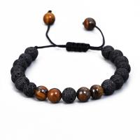 Lava Bracelet with Polyester Cord & Tiger Eye Round adjustable & for man mixed colors 8mm Length 16-23 cm Sold By PC