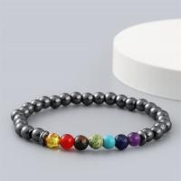 hématite non magnétique bracelet, avec pierre gemme, Rond, élastique & pour homme, couleurs mélangées, 6mm, Longueur 18-20 cm, Vendu par PC