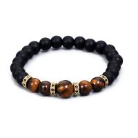 Abrazine Stone Bracelet with rhinestone zinc alloy spacer & Tiger Eye Round gold color plated elastic & for man mixed colors 8-10mm Length 18-20 cm Sold By PC
