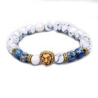 Howlite Bracelet with Impression Jasper & Zinc Alloy Lion gold color plated elastic & for man mixed colors Length 18-20 cm Sold By PC