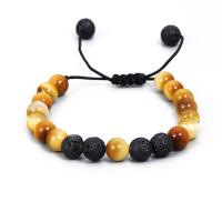 Tiger Eye Bracelet, with Polyester Cord & Lava, Round, adjustable & for man, mixed colors, 8mm, Length:16-23 cm, Sold By PC