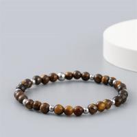 Tiger Eye Bracelet, with 304 Stainless Steel, Round, elastic & for man, 6mm, Length:18-20 cm, Sold By PC