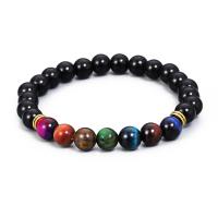 Black Stone Bracelet, with Tiger Eye & Tibetan Style, Round, gold color plated, elastic & for man, mixed colors, 8mm, Length:18-20 cm, Sold By PC