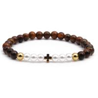 Tiger Eye Bracelet, with Plastic Pearl & Brass, gold color plated, elastic & different styles for choice, mixed colors, Length:7.48 Inch, Sold By PC