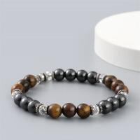 Tiger Eye Bracelet, with Non Magnetic Hematite & Crystal & Tibetan Style, Round, silver color plated, elastic & for man, mixed colors, 8mm, Length:18-20 cm, Sold By PC
