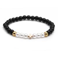 Black Stone Bracelet with Plastic Pearl & Brass gold color plated elastic Length 7.48 Inch Sold By PC