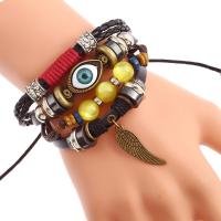 Cowhide Bracelet, with PU Leather & Wax Cord & Copper Coated Plastic & Tibetan Style, with 8-9cm*2 extender chain, plated, Adjustable & fashion jewelry & multilayer, mixed colors, Length:Approx 17 cm, Sold By PC