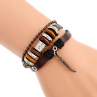 Leather Cord Bracelet, Split Layer Cowhide Leather, with Wax Cord & Wood & Copper Coated Plastic & Tibetan Style, with 8-9cm*2 extender chain, plated, Adjustable & fashion jewelry & multilayer, mixed colors, Length:Approx 17 cm, Sold By PC