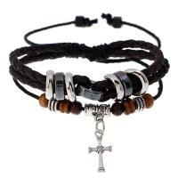 PU Leather Cord Bracelets, with Linen & Wood & Copper Coated Plastic & Tibetan Style, with 8-9cm*2 extender chain, Cross, plated, Double Layer & Adjustable & fashion jewelry, more colors for choice, Length:Approx 17-18 cm, Sold By PC