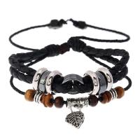 PU Leather Cord Bracelets, with Linen & Wood & Copper Coated Plastic & Tibetan Style, with 8-9cm*2 extender chain, Leaf, plated, Adjustable & fashion jewelry & multilayer, more colors for choice, Length:Approx 17-18 cm, Sold By PC