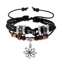 PU Leather Cord Bracelets with Linen & Wood & Copper Coated Plastic & Zinc Alloy with 8-9cm*2 extender chain Flower plated Adjustable & fashion jewelry & multilayer Length Approx 17-18 cm Sold By PC