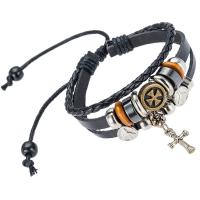 Cowhide Bracelet with Wood & Zinc Alloy with 8cmX2 extender chain Cross plated Adjustable & fashion jewelry & multilayer black Inner Approx 60mm Sold By PC