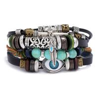 Cowhide Bracelet, with turquoise & Linen & Tibetan Style, with 9-10cmX2 extender chain, plated, Adjustable & fashion jewelry, more colors for choice, Length:Approx 17 cm, Sold By PC