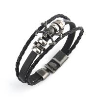 Cowhide Bracelet with PU Leather & Copper Coated Plastic & Zinc Alloy Skull plated fashion jewelry & for man black 6mm Length Approx 21 cm Sold By PC