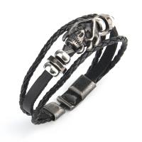 PU Leather Cord Bracelets with Zinc Alloy Skull antique silver color plated fashion jewelry & for man black Length Approx 21 cm Sold By PC