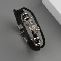 Cowhide Bracelet, with Tibetan Style, Owl, plated, fashion jewelry & Unisex, black, 6mm, Length:21 cm, Sold By PC