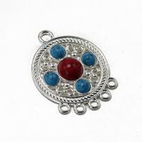 Tibetan Style Connector, with Turquoise, Flat Round, antique silver color plated, vintage & DIY & 1/5 loop, silver color, nickel, lead & cadmium free, 31x40x6mm, Sold By PC